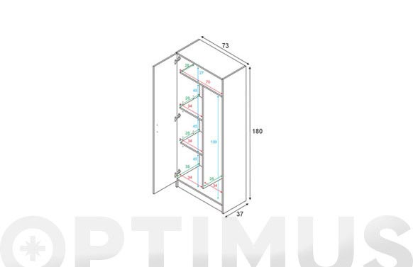 Armario multiuso escobero, 2 puertas, acabado roble, 180 x 73 x 37 cm