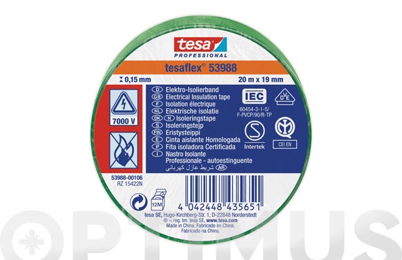 Cinta aïllant Tesaflex, verda, 20 m x 19 mm