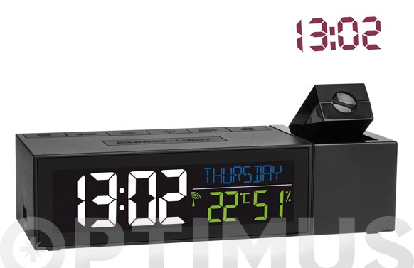 Rellotge despertador projector amb termòmetre, negre